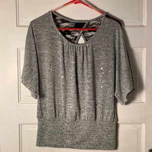 Gray sparkle and lace back top